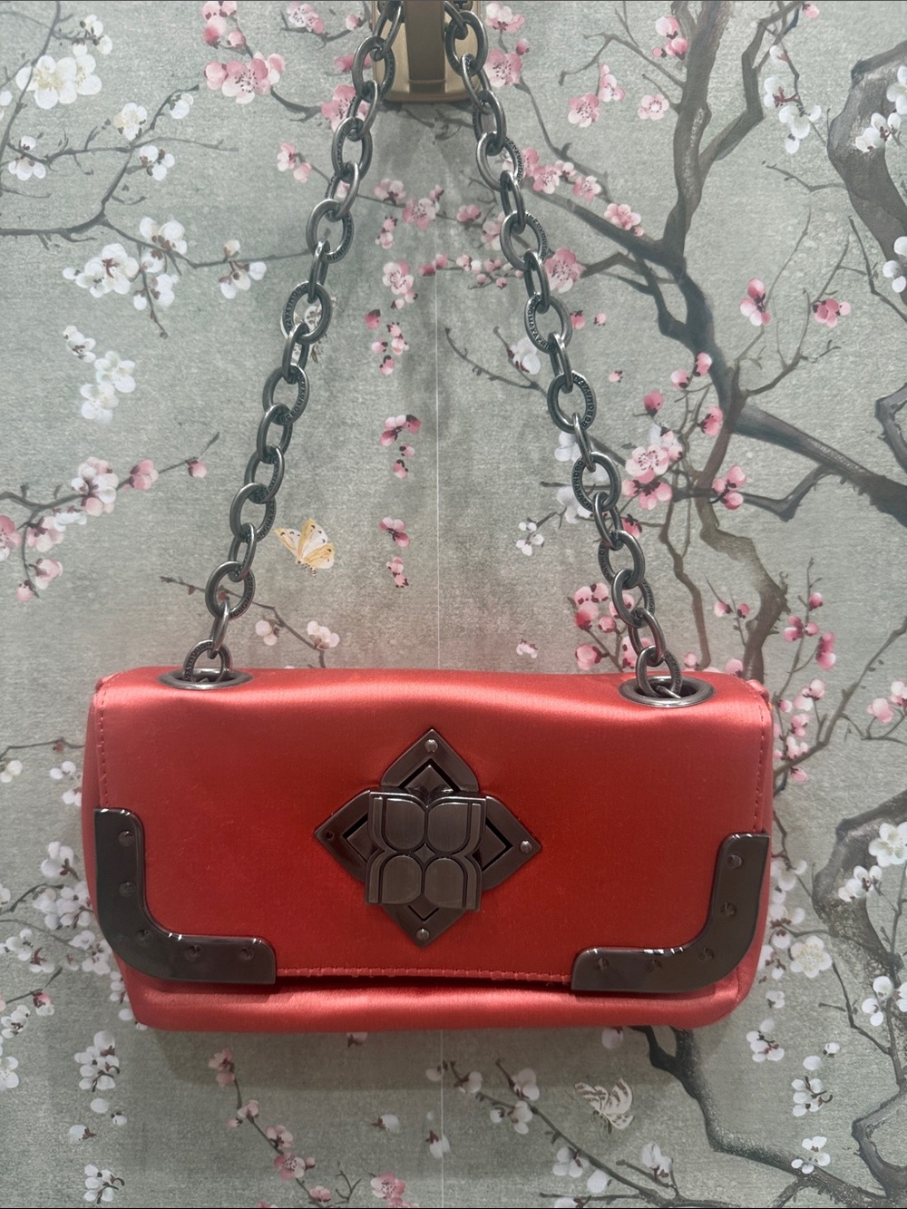 BCBGMaxAzria Red Chain-Handle Shoulder Bag with Gunmetal Accents